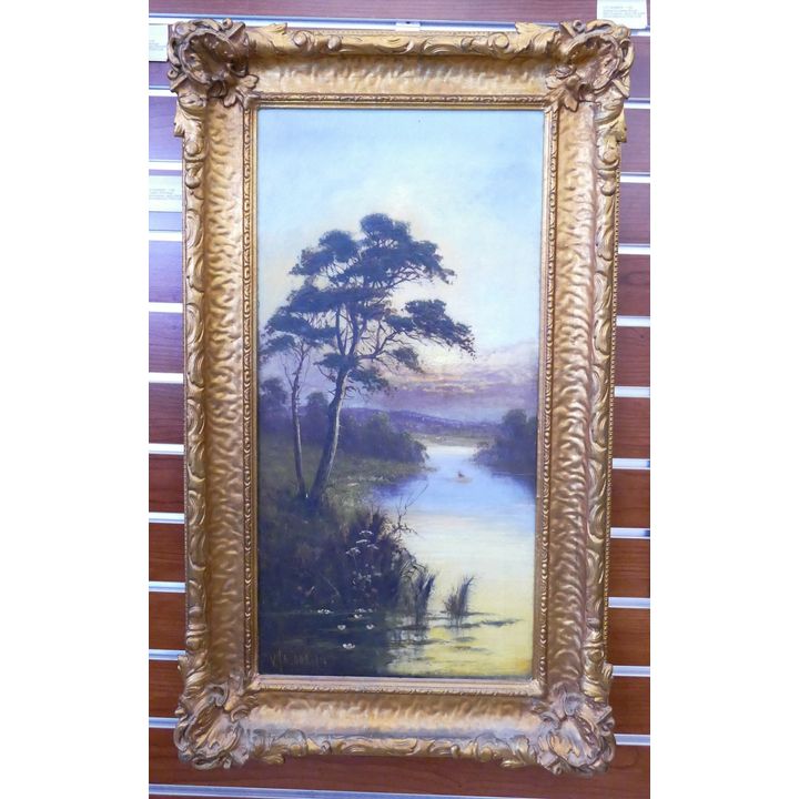 V. Talbot 1914 River Scene Oil Painting in Gilt Frame- 29x17''