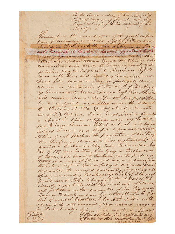 [WAR OF 1812]. ALLEN, Andrew, Jr. Manuscript document signed ("And'w Allen Junr."). 18 September 1812. Addressed to the Commanders of his Majesty's Ships of War, or of private armed Ships belonging to the subjects of his Majesty.
