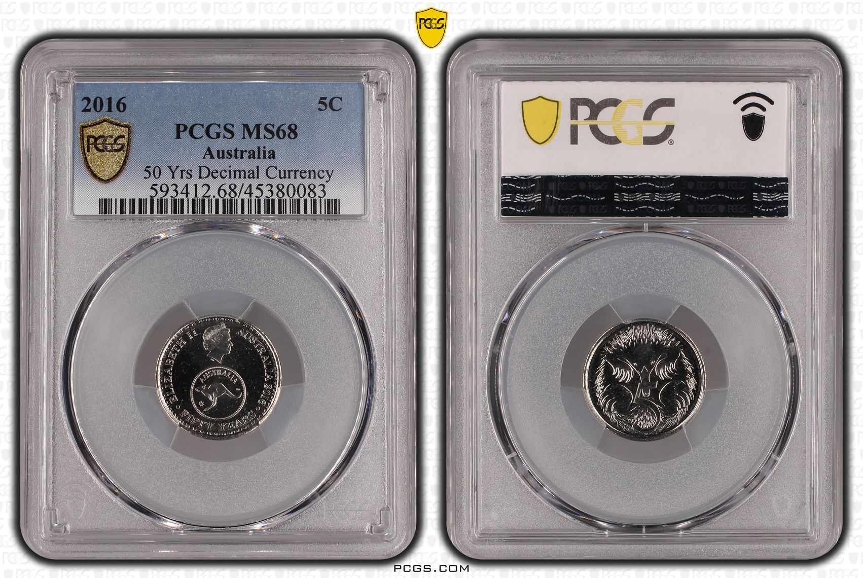 25 · Elizabeth II, 50 Yrs Decimal Currency, Five Cent, 2016, PCGS MS68