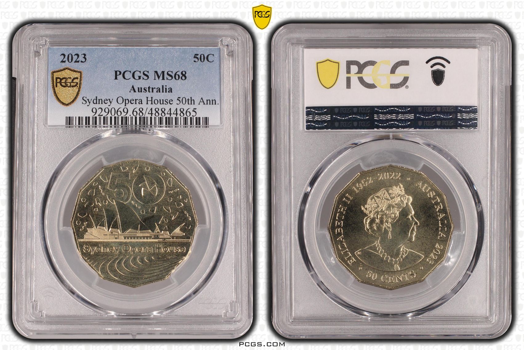 Elizabeth II, Sydney Opera House 50th Ann. , Fifty Cent, 2023, PCGS MS68
