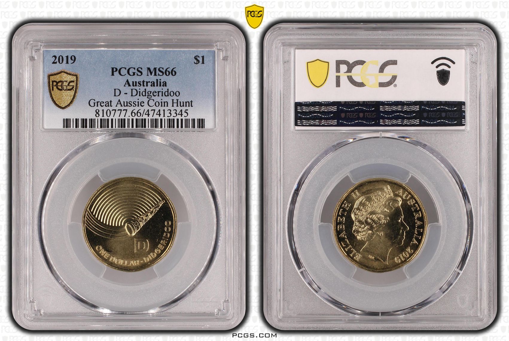 Elizabeth II, D - Didgeridoo Great Aussie Coin Hunt, One Dollar, 2019, PCGS MS 66