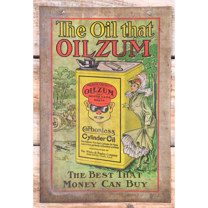 Rare "The Oil That Oilzum" w/ Bucktooth Boy & Lady Single Sided Tin Sign TAC 8.5