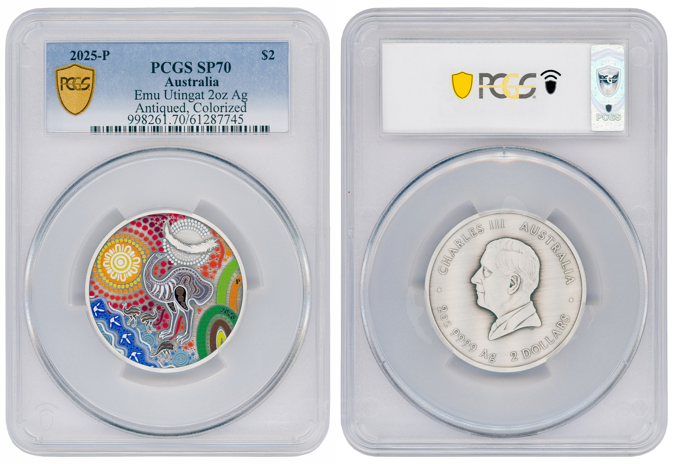 Emu Utingat 2oz Ag Antiqued, Colourised, POP 3/0, Two Dollar, 2025-P, PCGS SP70