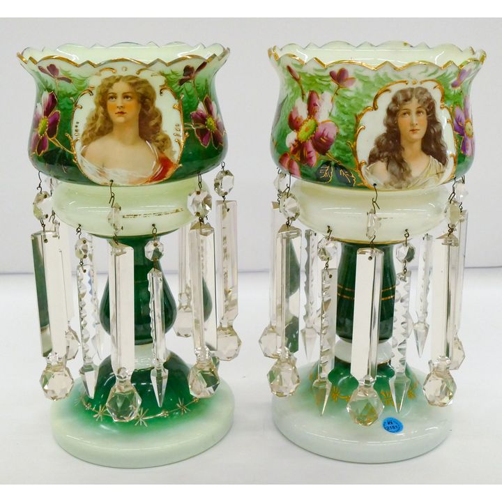 Pair Victorian Female Portrait Floral Glass Lustres 14''