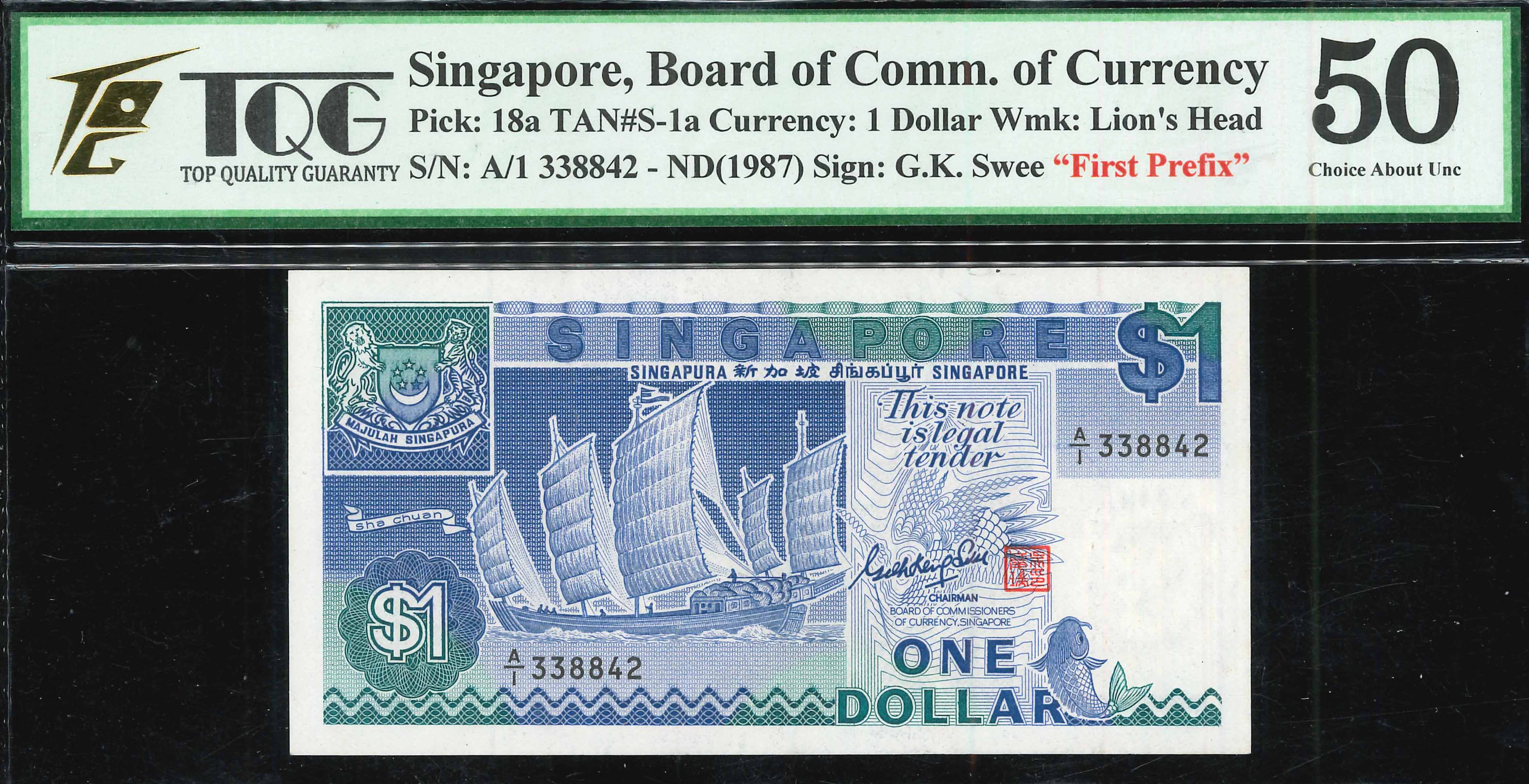 Singapore, 3rd series, 1987, 1 Dollar, P-18a, S/N. A/1 338842, First