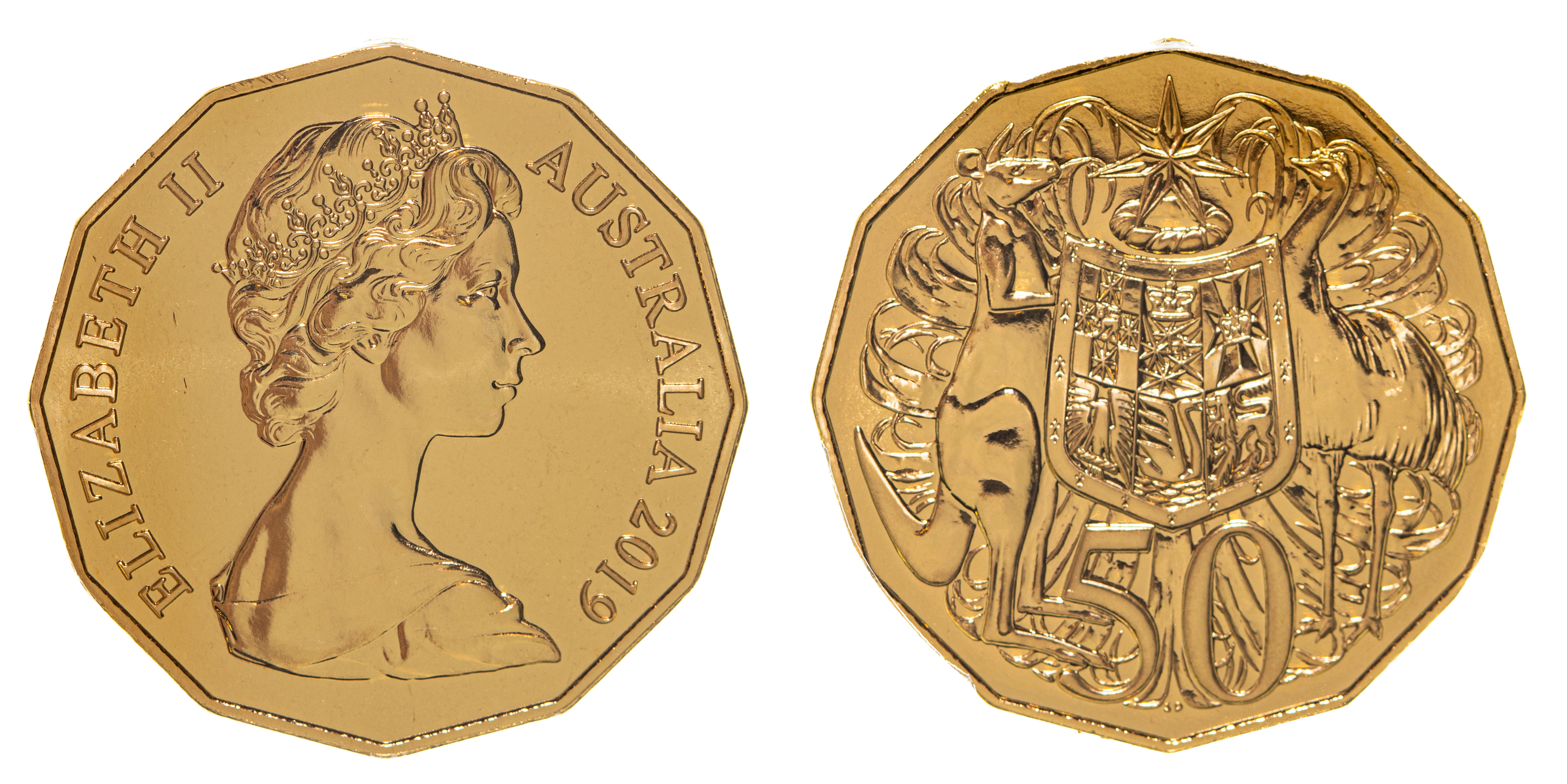 Elizabeth II, Dodecagon 50th Anniv., Gold-gilt, A. Machin Effigy, Fifty Cent, 2019, PCGS MS 69