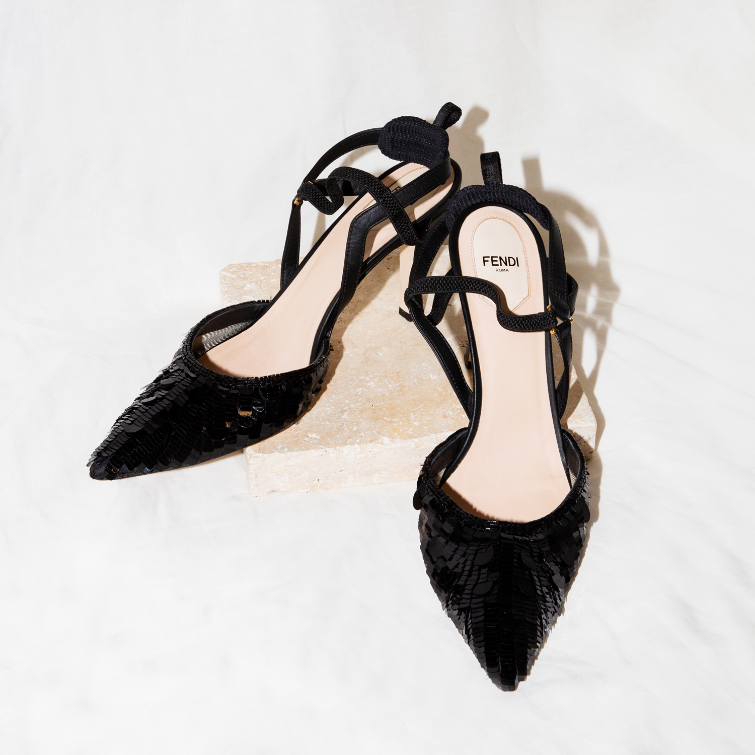 6 · Fendi "Colibri" Black Sequin Slingbacks Size 41
