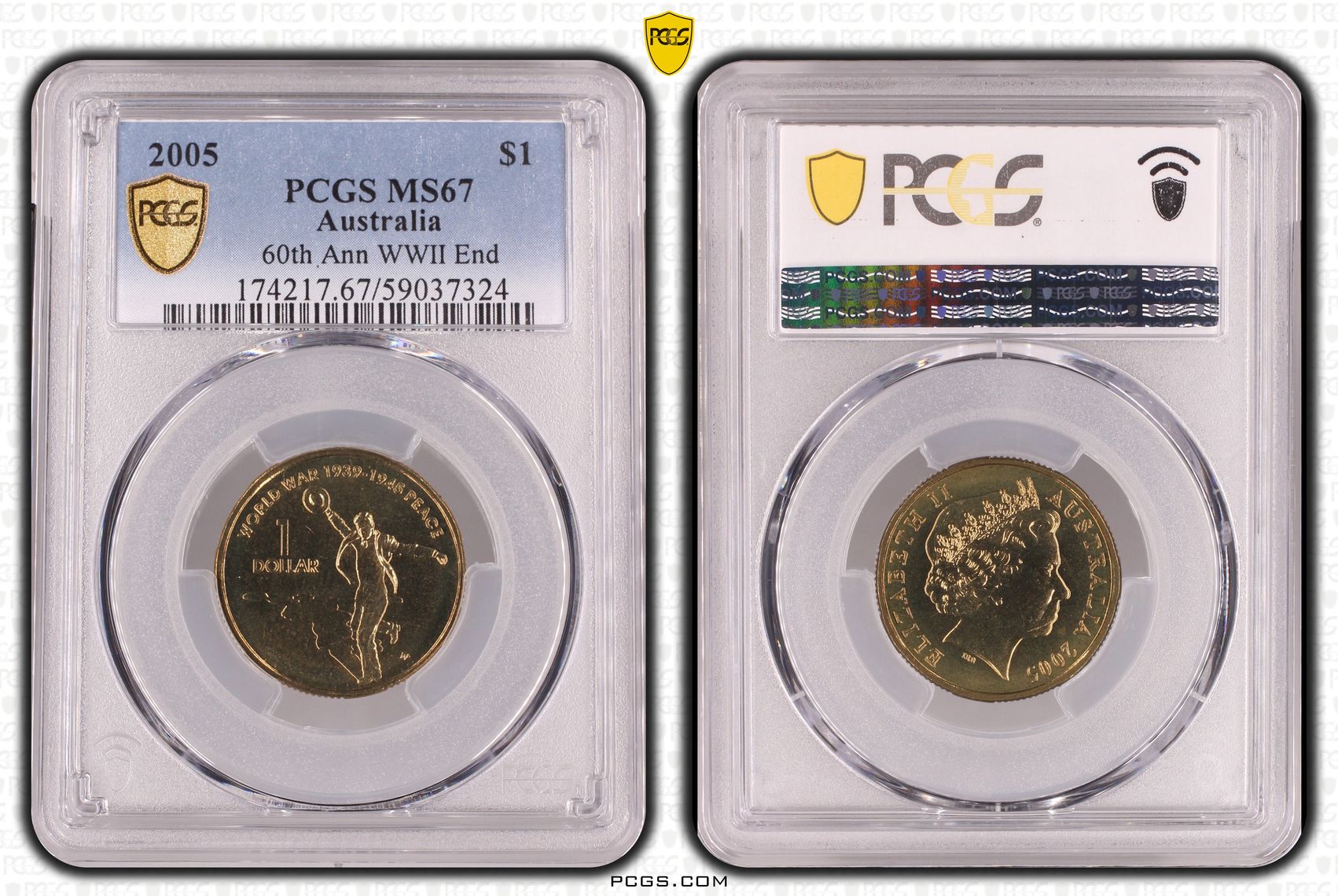 60th Ann WWII End, One Dollar, 2005, PCGS MS67