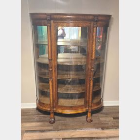 Beautiful Tiger Oak Curved Glass China Cabinet with Carved Griffons