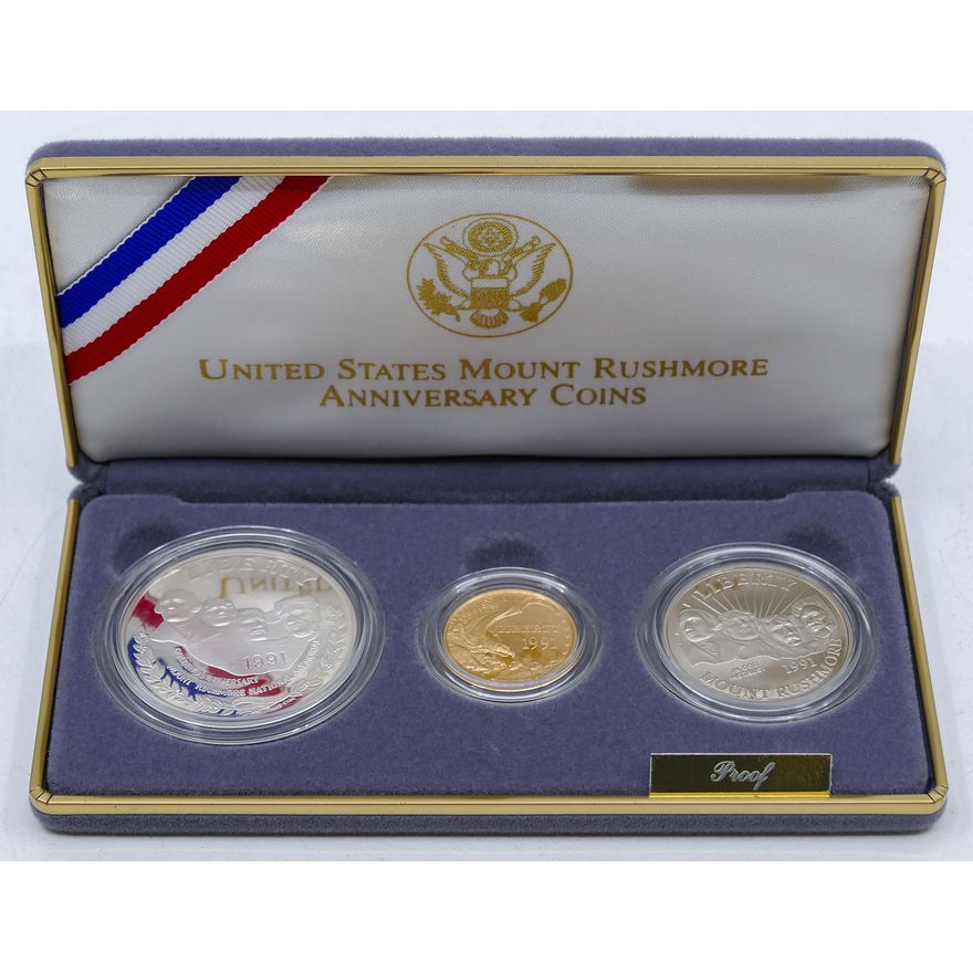 US 1991 Mount Rushmore 3 Coin Gold & Silver Proof Set in Case with Boxes