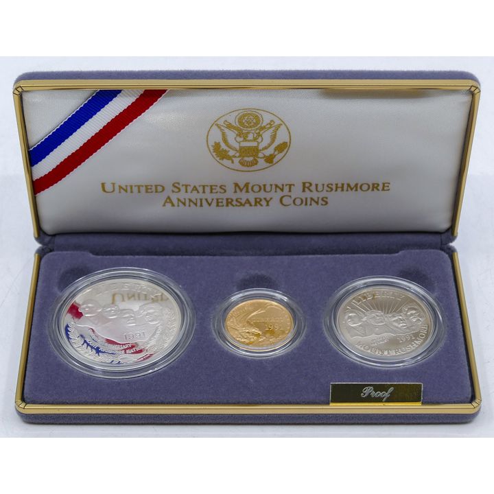 US 1991 Mount Rushmore 3 Coin Gold & Silver Proof Set in Case with Boxes