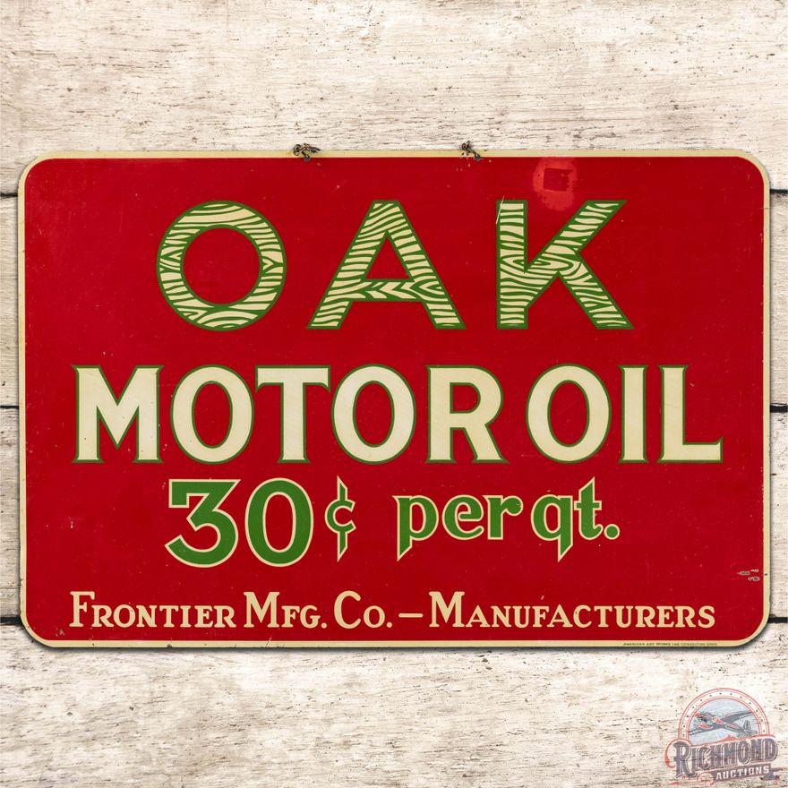 Oak Motor Oil "30 Cents per Qt" SS Tin Sign Frontier Mfg Co. NY