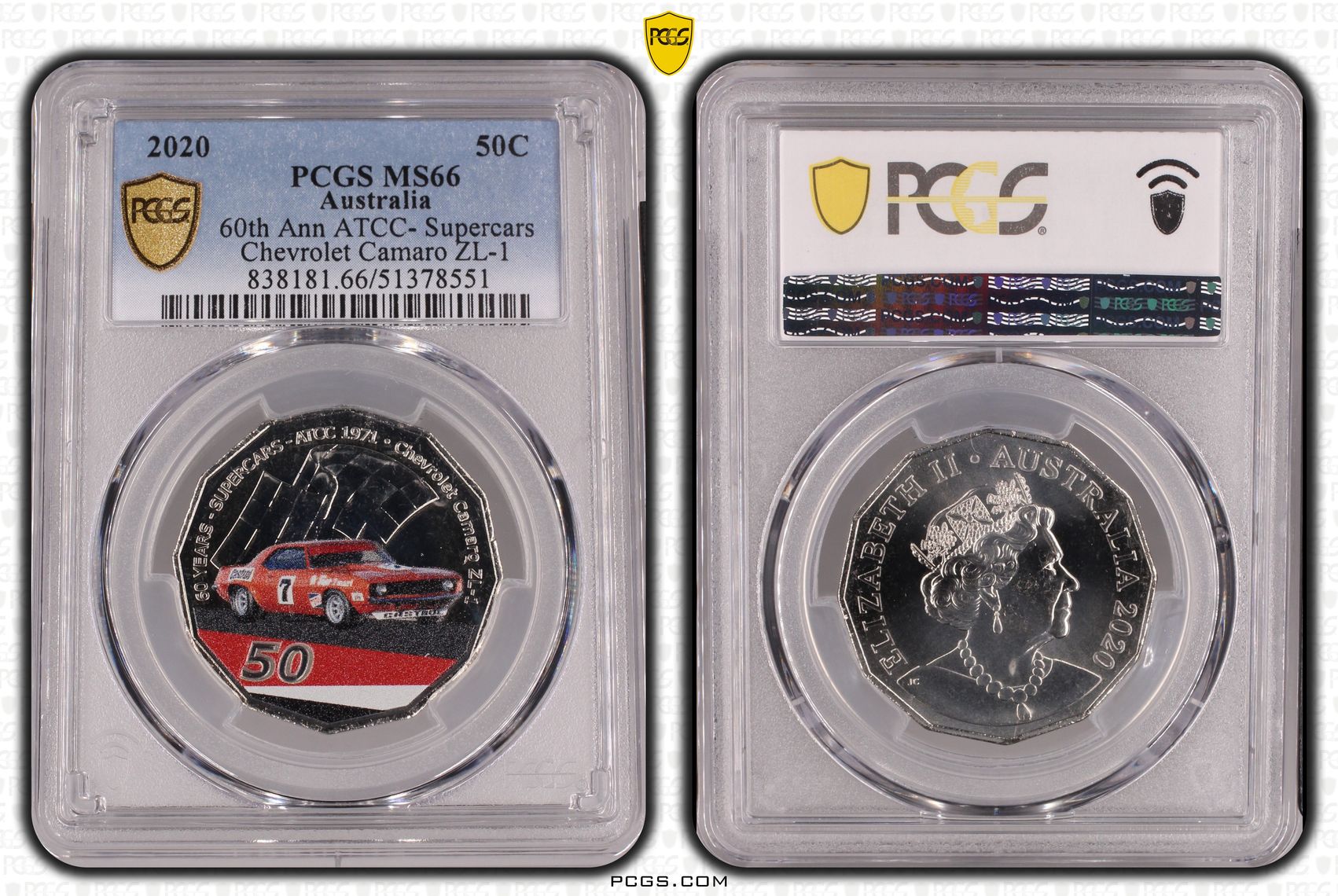 60th Ann ATCC- Supercars Chevy Camaro ZL-1 Colorized, Fifty Cent, 2020, PCGS MS66