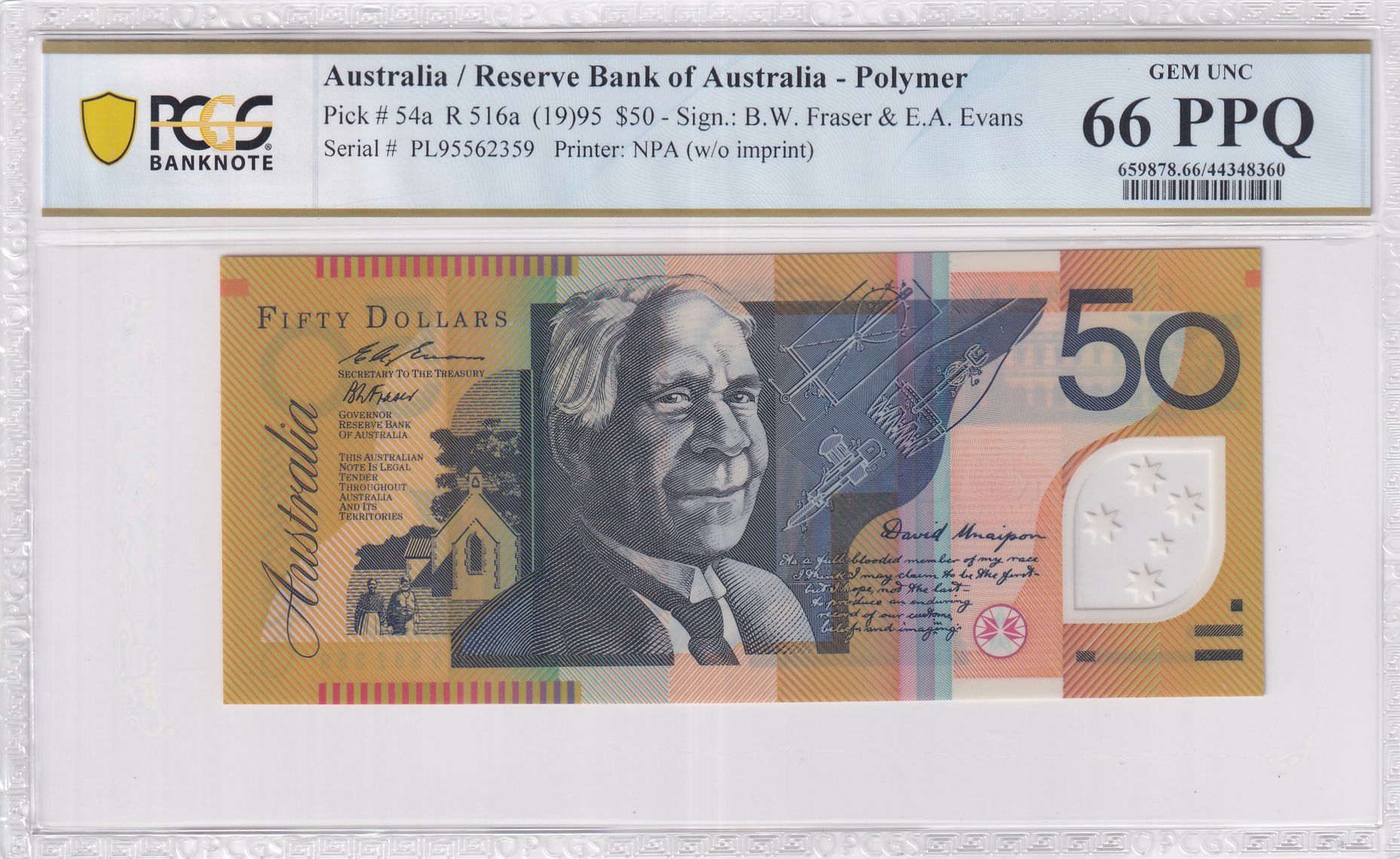 Fraser/Evans, Fifty Dollar, 1995, PCGS Gem UNC 66 PPQ