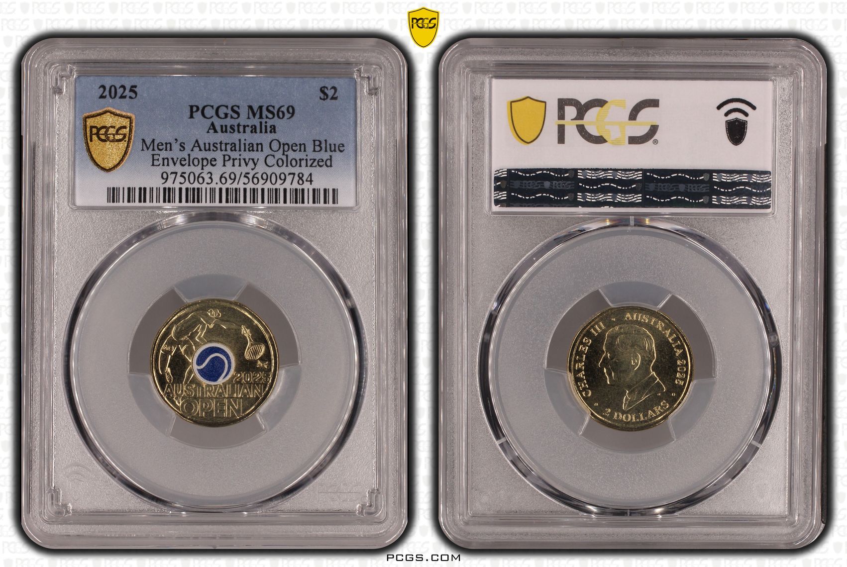 Men's Australian Open Blue Envelope Privy Colourised, Two Dollar, 2025, PCGS MS69