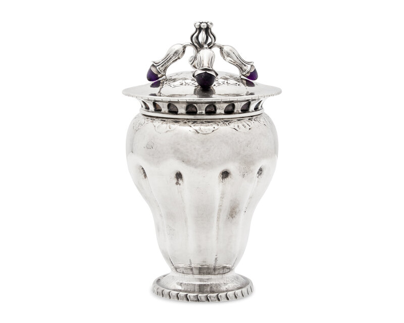 A Georg Jensen Silver and Amethyst Mounted Covered Urn