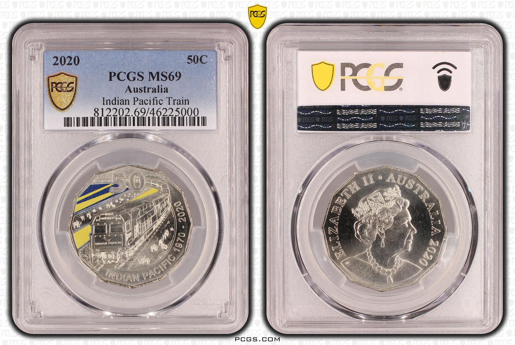 Elizabeth II, Indian Pacific Train, Fifty Cent, 2020, PCGS MS 69