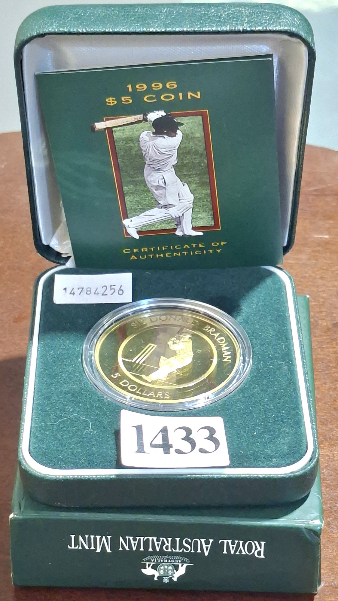 1433 · 1996 SIR DONALD BRADMAN FIVE DOLLAR COIN