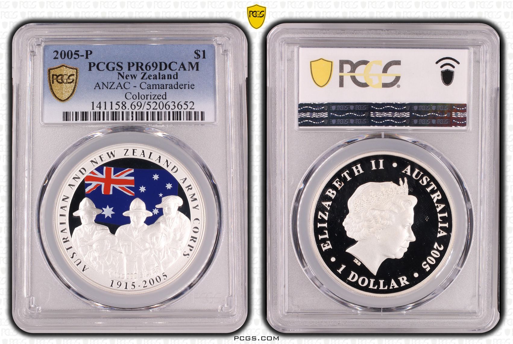 New Zealand , Elizabeth II, ANZAC - Camaraderie Colourised, One Dollar, 2005-P, PCGS PR69DCAM