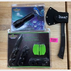 JEEP AXE & 3 KNIVES AND SHARPENING STONE SET & TACTICAL FLASHLIGHT AND KNIFE SET