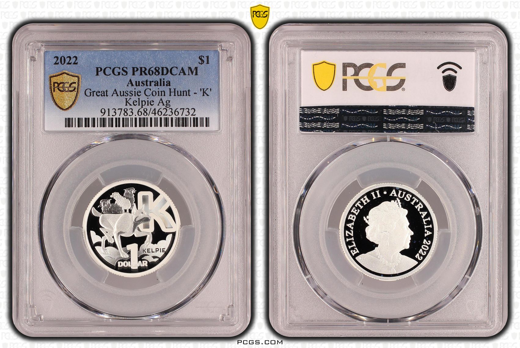 Great Aussie Coin Hunt - 'K' Kelpie Silver, One Dollar, 2022, PCGS PR68DCAM