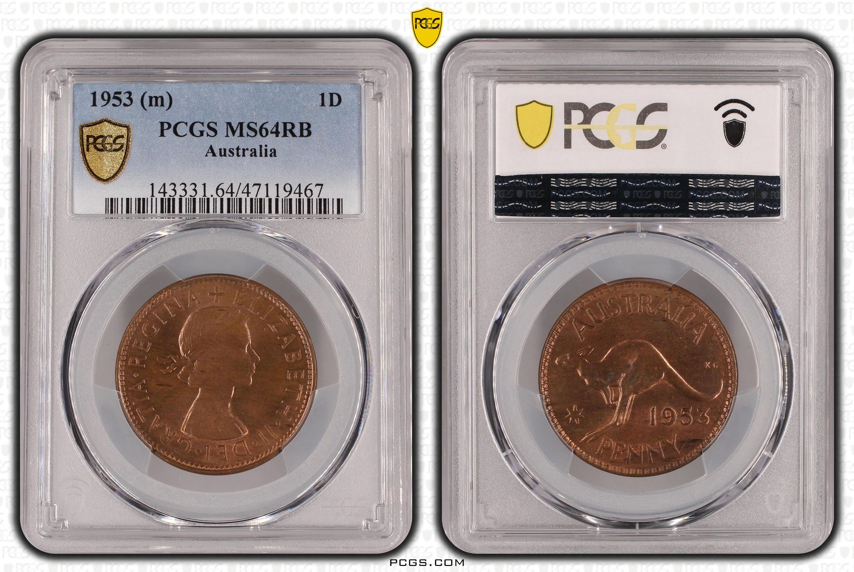 Elizabeth II, Penny, 1953, PCGS MS64RB