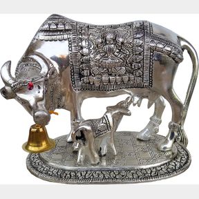 RASTOGI HANDICRAFTS HANDMADE NATURALLY METAL SILVER PLATED KAMDHANU COW CALF BIG SIZE 19X15X13 CM SYMBOL OF MOTHER CHILD LOVE