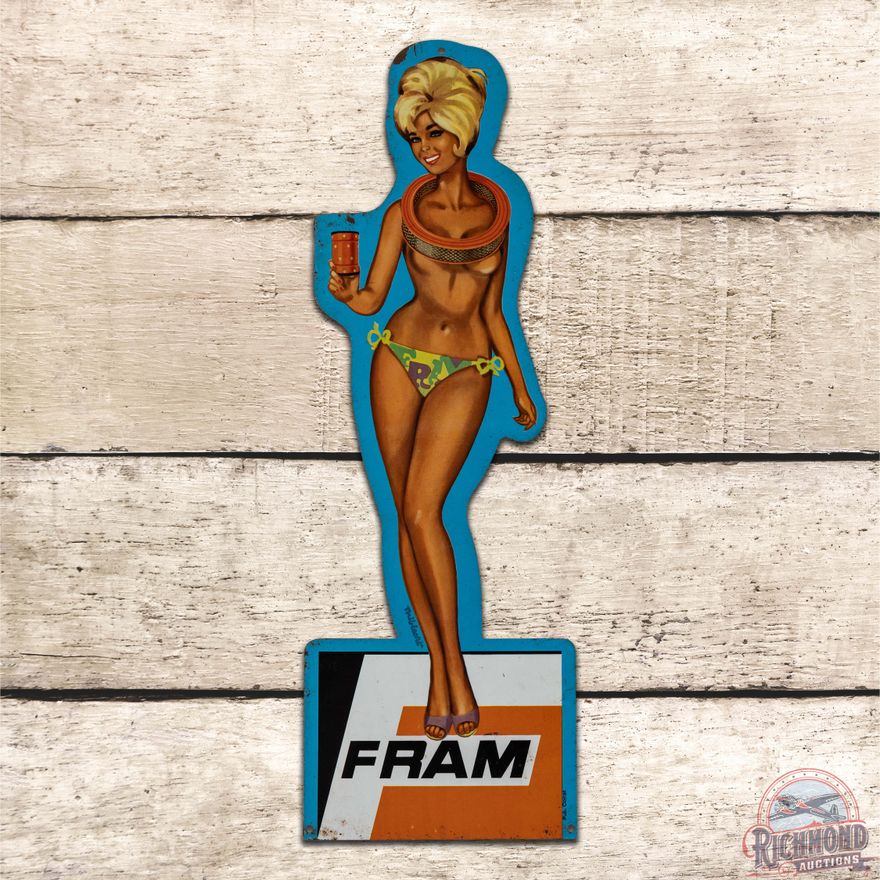 Fram Filters Die Cut Single Sided Tin Pin-up Girl in Bikini Sign