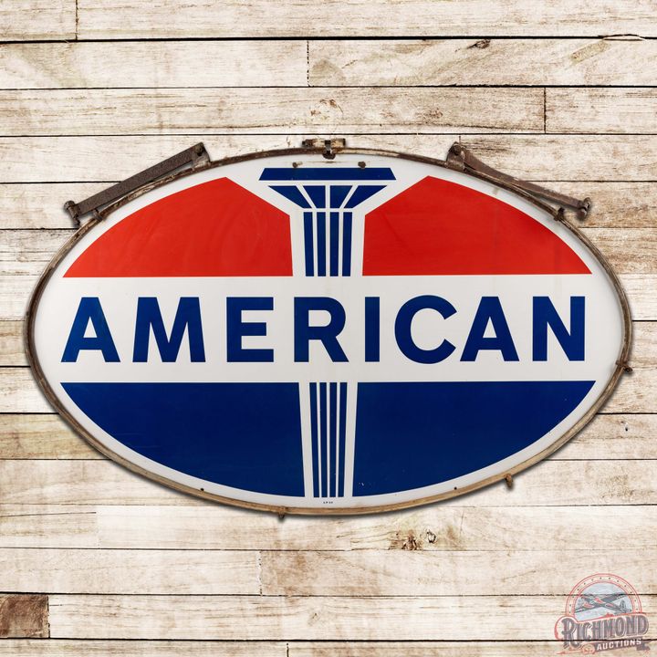 Superb 1964 American Gasoline Double Sided Porcelain ID Sign w/ Ring