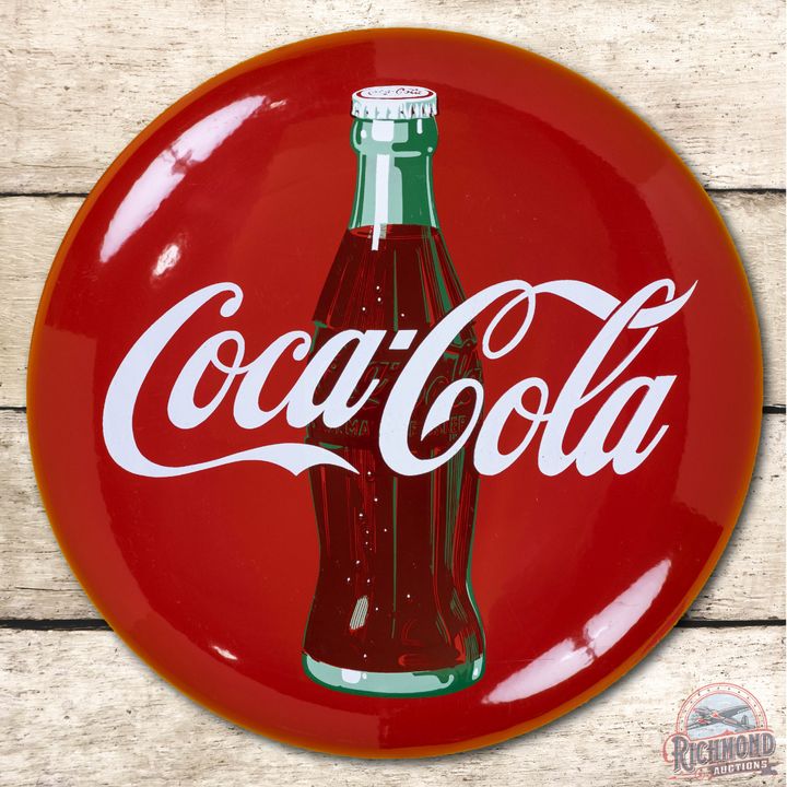 24" Coca-Cola w/ Bottle Porcelain Button Sign TAC 9