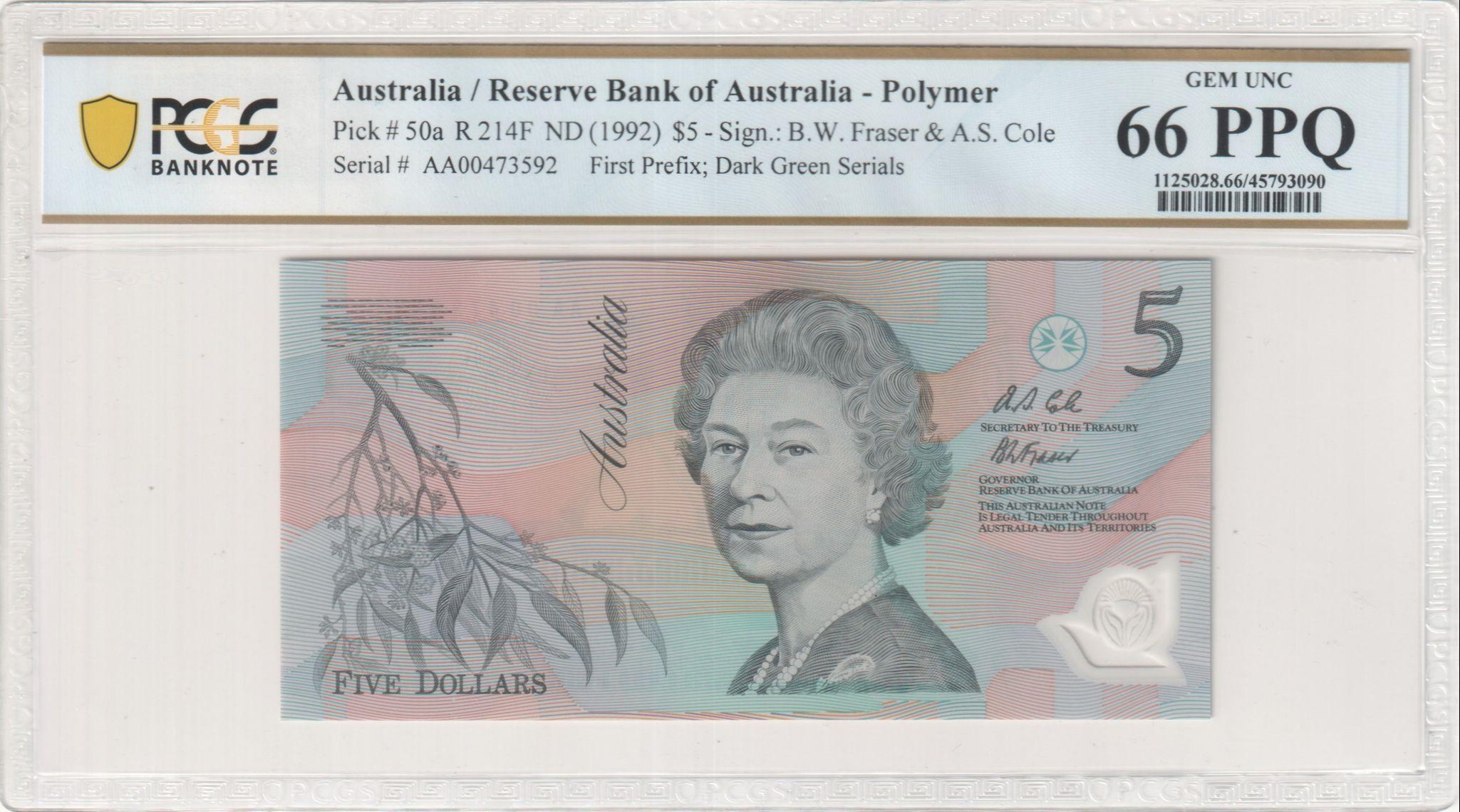121 · RBA, Polymer, Sign.: B.W. Fraser & A.S. Cole, First Prefix; Dark Green Serials, Five Dollar, ND (1992), PCGS - Gem UNC 66 PPQ