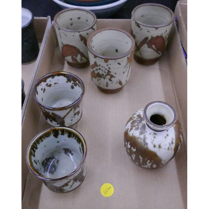 Box 6pc Louis Mideke Studio Pottery Splash Cups- 3 to 4''