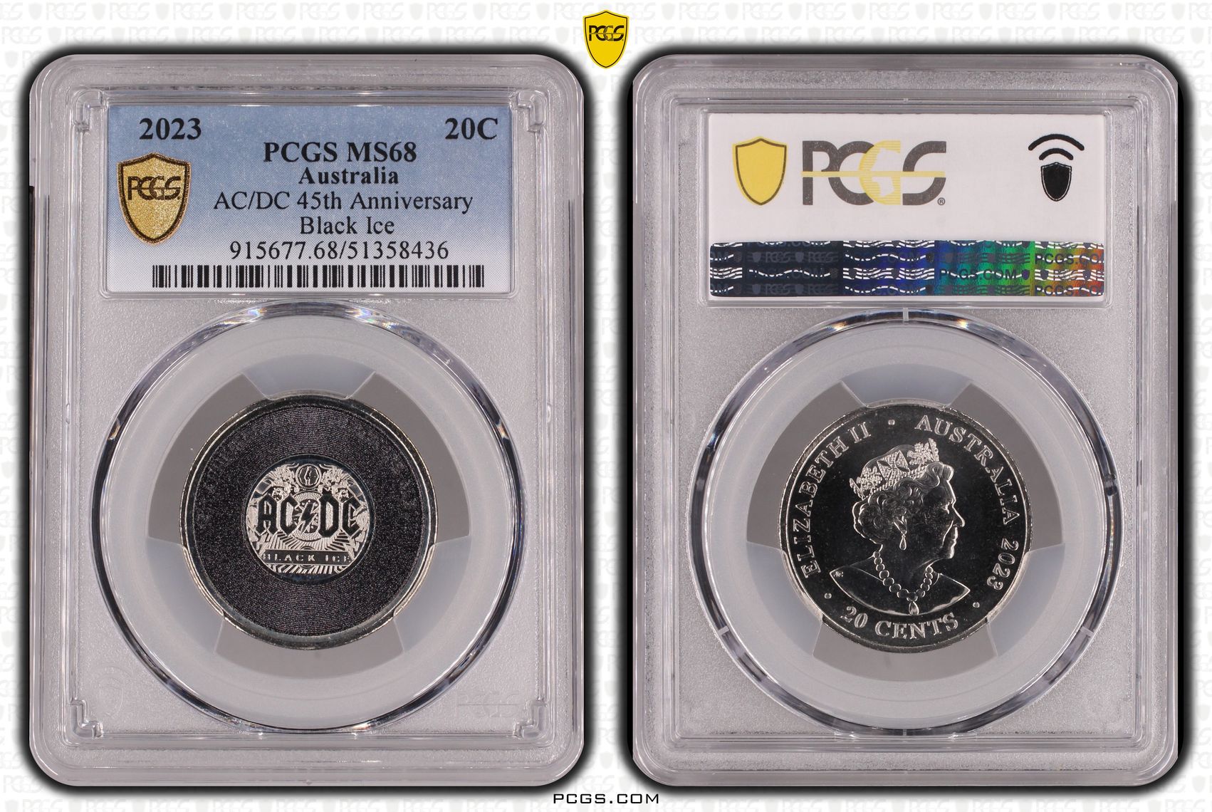 AC/DC 45th Anniversary - Black Ice, Twenty Cent, 2023, PCGS MS68