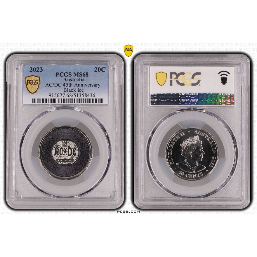 AC/DC 45th Anniversary - Black Ice, Twenty Cent, 2023, PCGS MS68