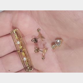 antique 10K Bird earrings, heart pendant and multi-stone pin