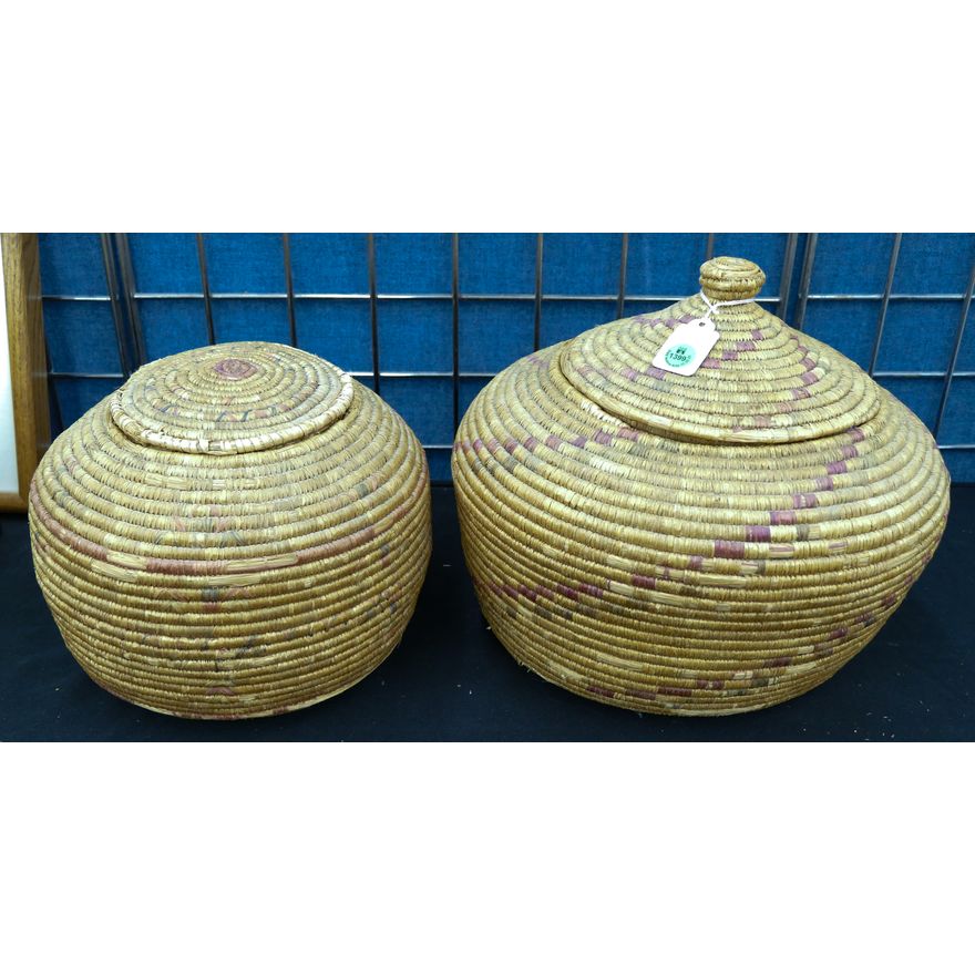 2pc Old Alaskan Covered Large Indian Baskets 8'' and 11''