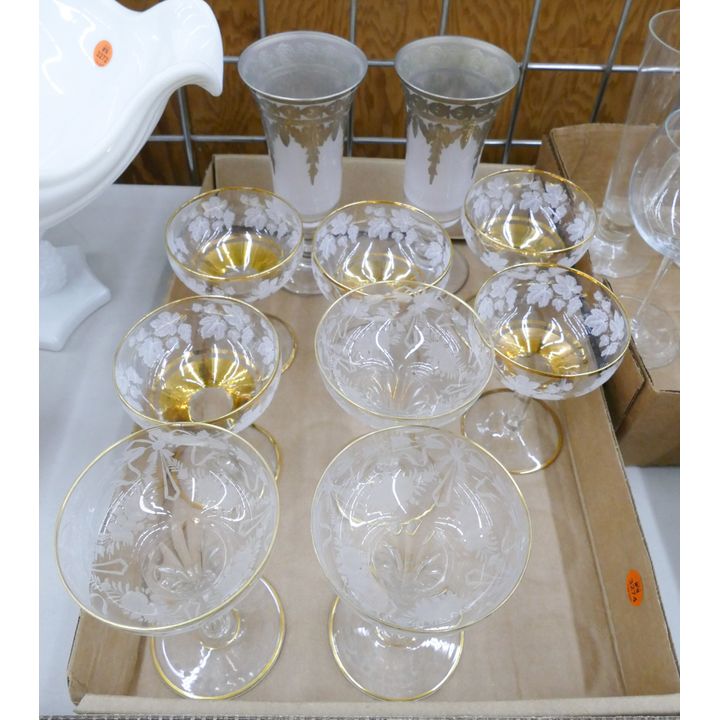 Box 10pc Gilt Decorated Champagne Coupe Glasses Etc