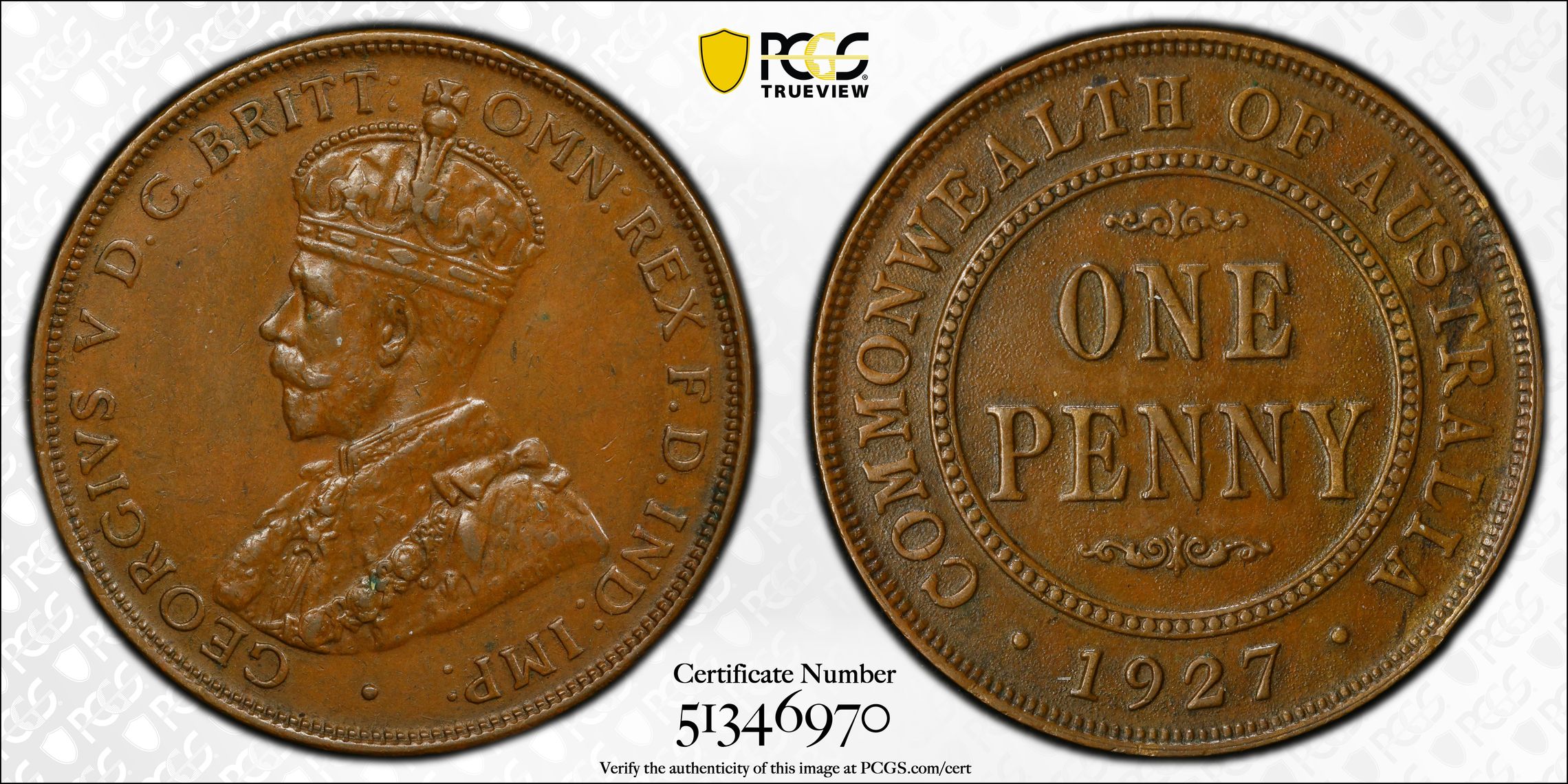 George V, English obverse, Penny, 1927, PCGS AU55BN
