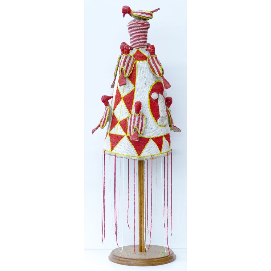 Old Yoruba Oba Beaded African Crown on Stand 35''