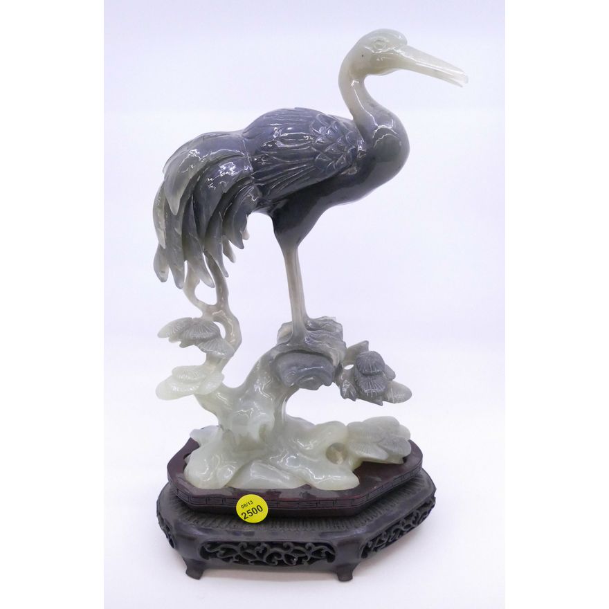 Large Chinese Jade Crane Carving on Stand- 13''