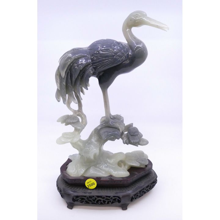 Large Chinese Jade Crane Carving on Stand- 13''