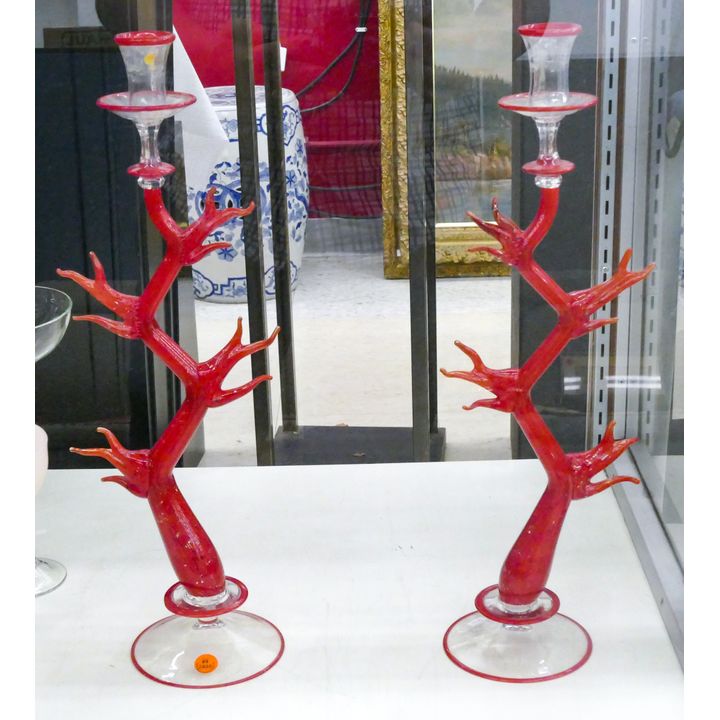 Pair Andy Paiko Red Coral Studio Glass Candlesticks 20''