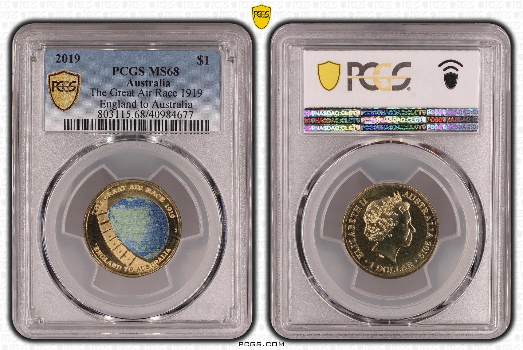 405 · 2019 Australia One Dollar, $1 The Great Air Race 1919 England to Australia PCGS - MS68 -677