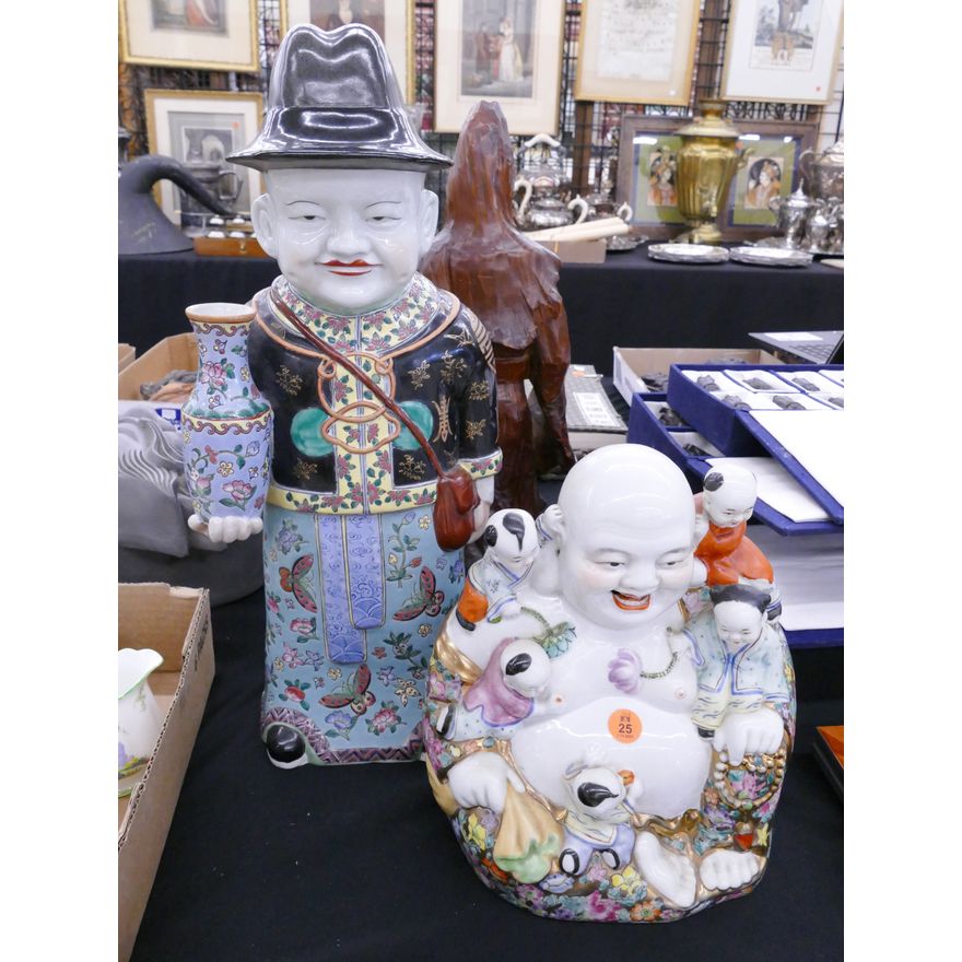 2pc Chinese Porcelain Figures- Happy Buddha & Standing Man- tallest 18''