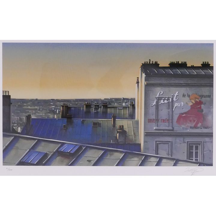 Thomas Pradzynski 'Paris Rooftops' S/N Lithograph. Edition 21/200. Framed. Image measures 10.5x18.5''