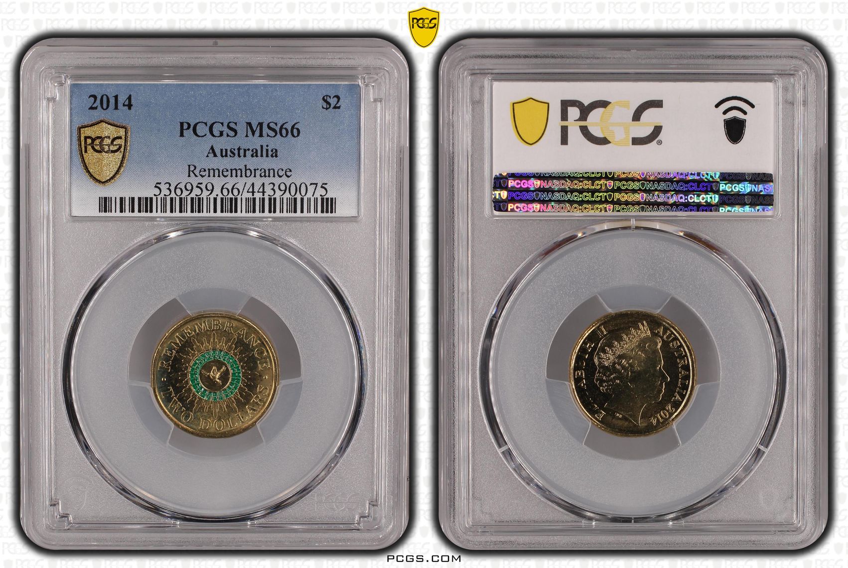 428 · Remembrance Green Dove, Two Dollar, 2014, PCGS MS66