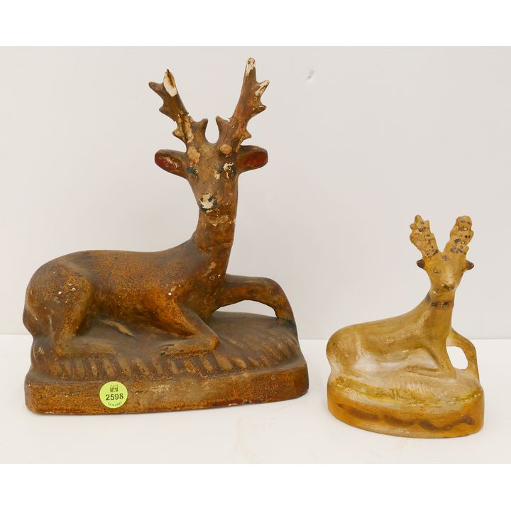 2pc Antique Plaster Deer Figures- 5'' and 10''- some damage