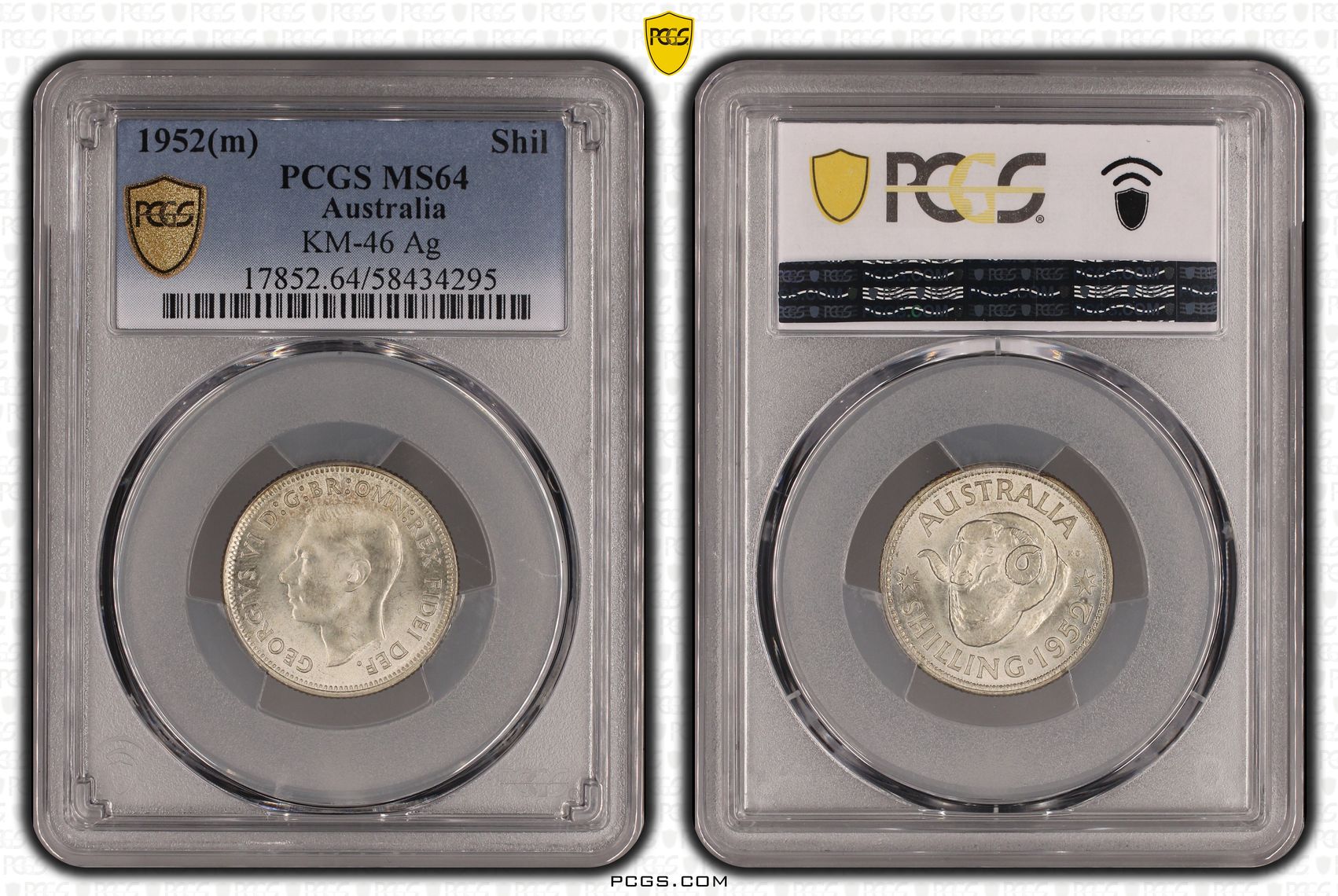 George VI, KM-46 Silver, Shilling, 1952(m), PCGS MS64