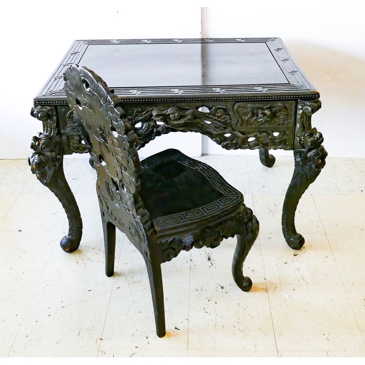 2pc Meiji Japanese Carved Dragon Desk (30x42x31'') & Chair (39x18x18'')
