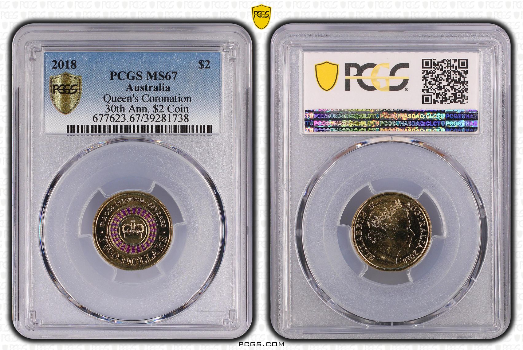 Queen's Coronation Colorized 30th Ann. $2 Coin, Two Dollar, 2018, PCGS MS67